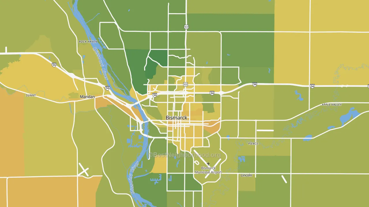 Map of the best neighborhoods in the Bismarck Metro area, with better matches in green and worse matches in red