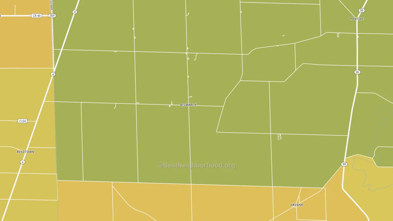 Map of the best neighborhoods in the Bismarck area, with better matches in green and worse matches in red