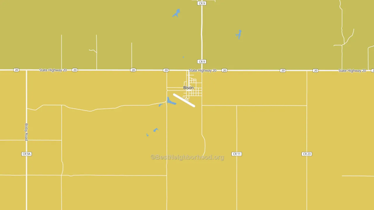 Map of the best neighborhoods in the Bison area, with better matches in green and worse matches in red