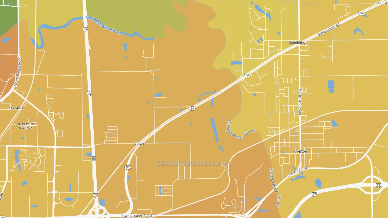 Map of the best neighborhoods in the Bissell area, with better matches in green and worse matches in red