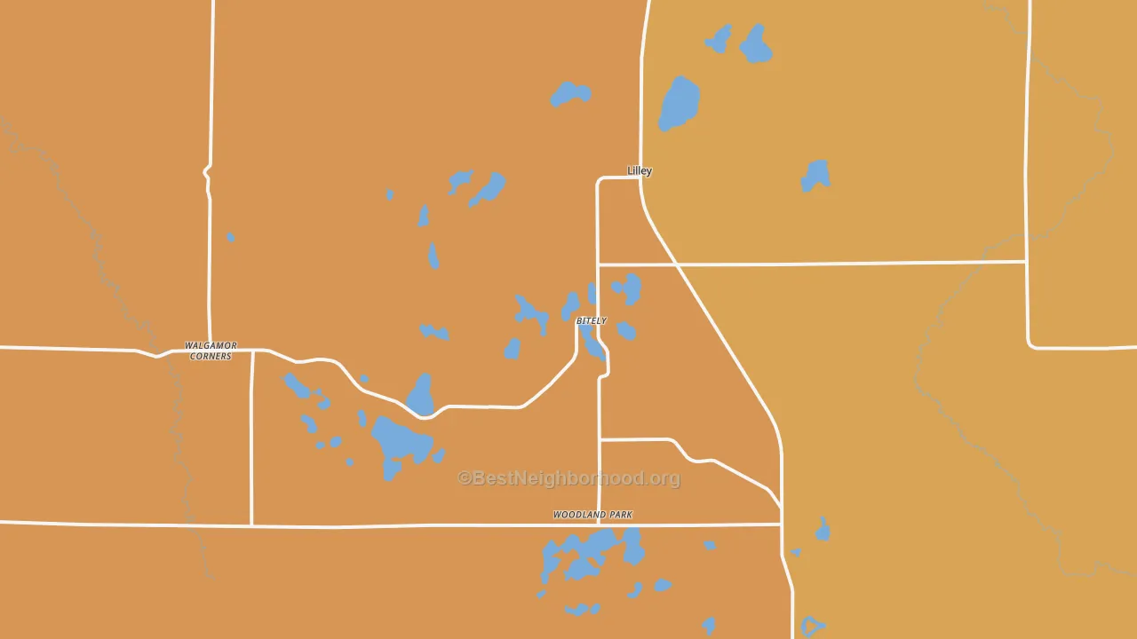 Map of the best neighborhoods in the Bitely area, with better matches in green and worse matches in red