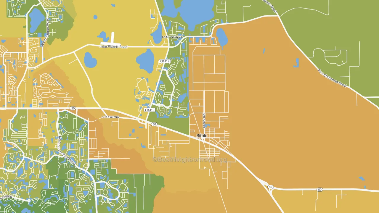 Map of the best neighborhoods in the Bithlo area, with better matches in green and worse matches in red