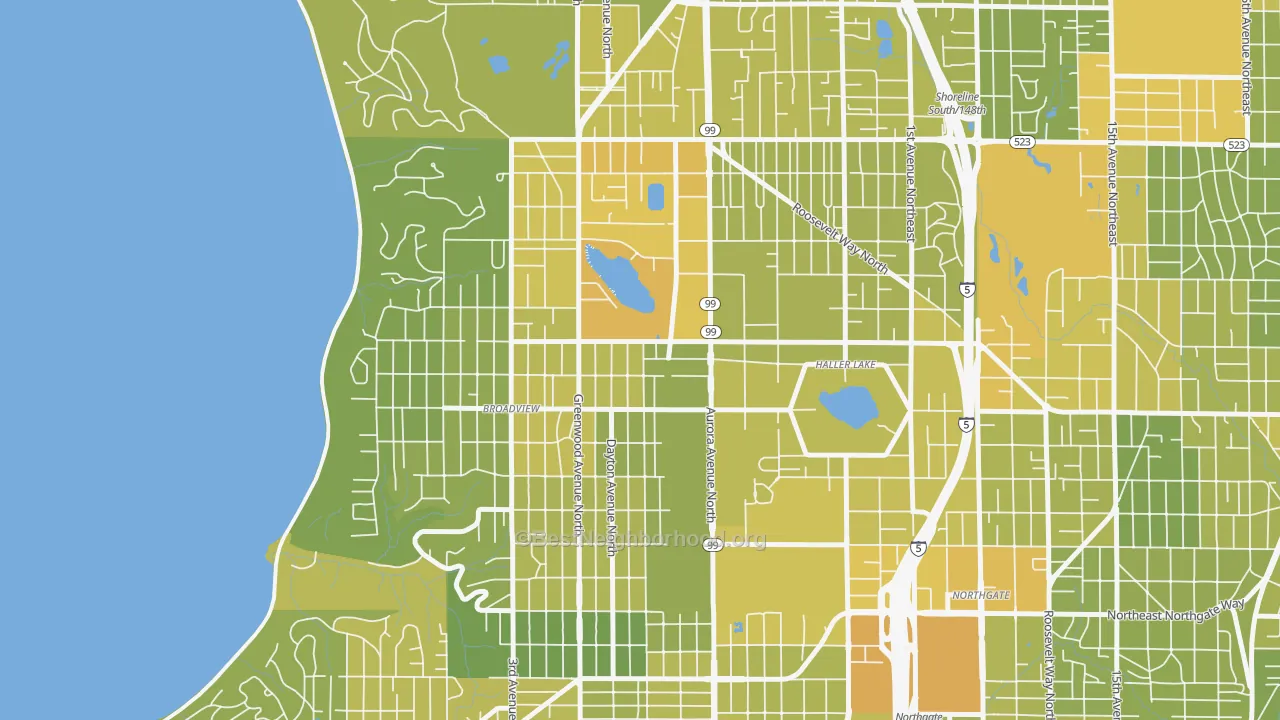 Map of the best neighborhoods in the Bitter Lake, Seattle area, with better matches in green and worse matches in red