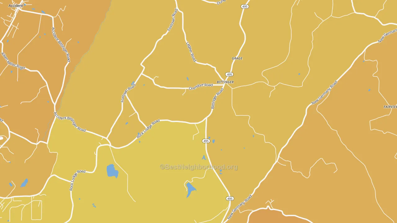 Map of the best neighborhoods in the Bittinger area, with better matches in green and worse matches in red