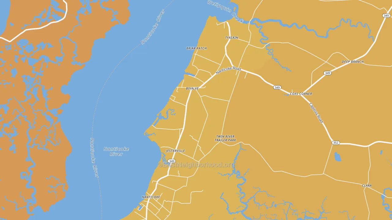 Map of the best neighborhoods in the Bivalve area, with better matches in green and worse matches in red