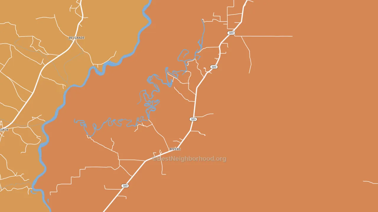 Map of the best neighborhoods in the Bivens area, with better matches in green and worse matches in red