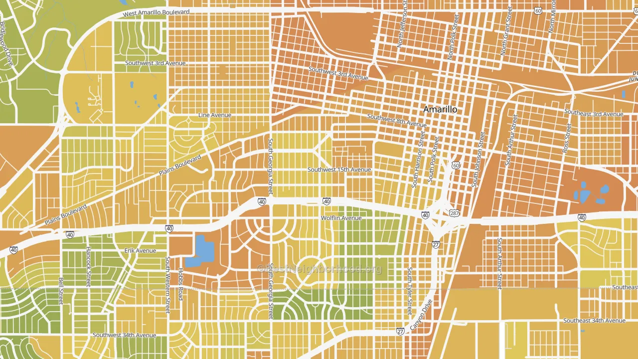 Map of the best neighborhoods in the Bivins Addition, Amarillo area, with better matches in green and worse matches in red