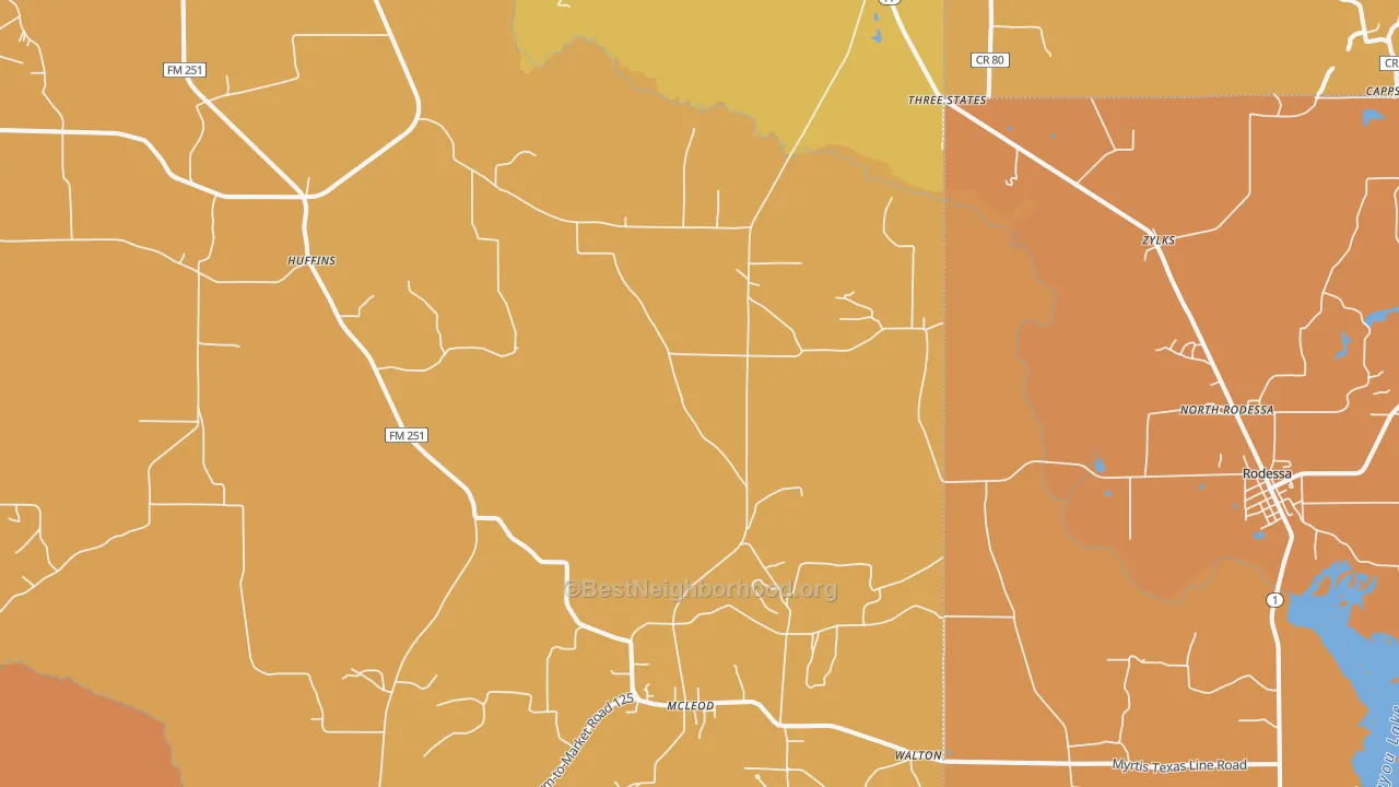 Map of the best neighborhoods in the Bivins area, with better matches in green and worse matches in red