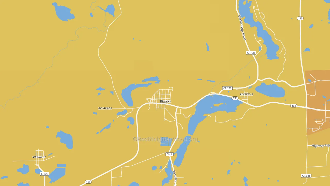 Map of the best neighborhoods in the Biwabik area, with better matches in green and worse matches in red