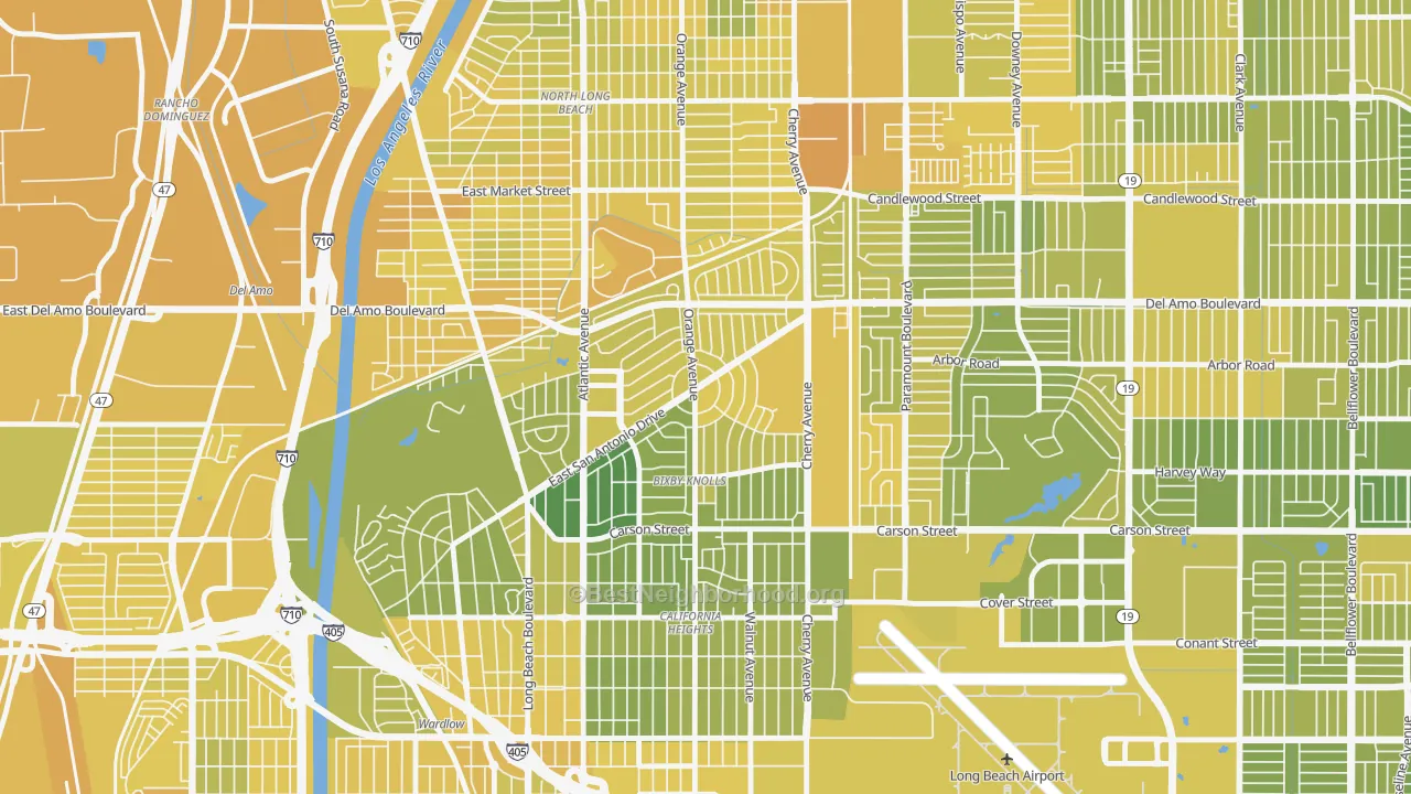 Map of the best neighborhoods in the Bixby Area, Long Beach area, with better matches in green and worse matches in red