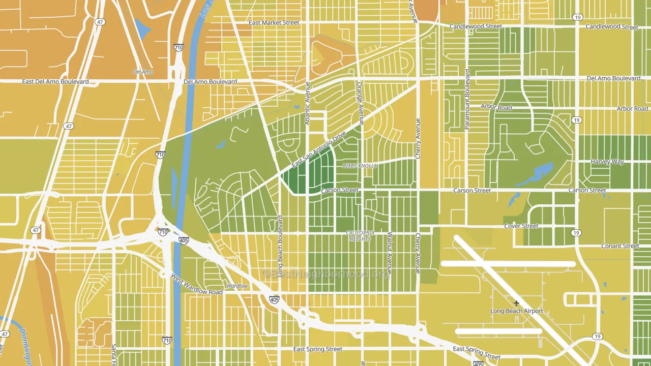 Map of the best neighborhoods in the Bixby Knolls, Long Beach area, with better matches in green and worse matches in red
