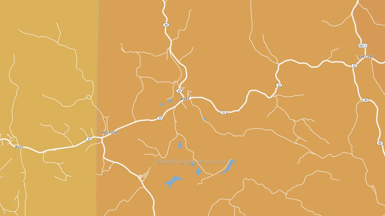 Map of the best neighborhoods in the Bixby area, with better matches in green and worse matches in red