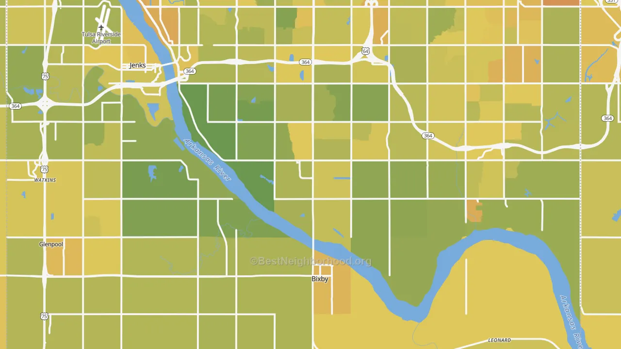 Map of the best neighborhoods in the Bixby area, with better matches in green and worse matches in red