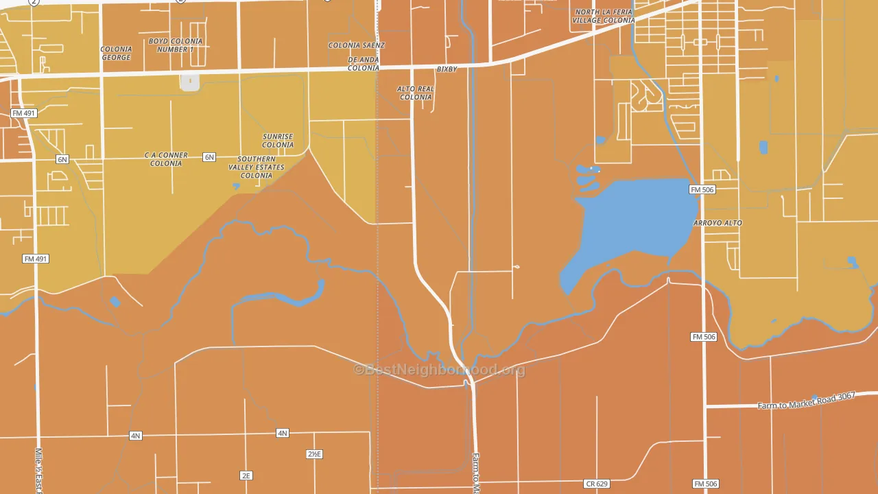 Map of the best neighborhoods in the Bixby area, with better matches in green and worse matches in red
