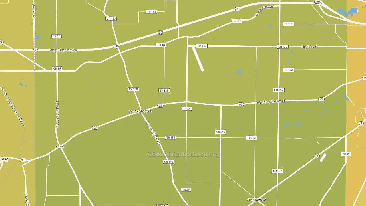Map of the best neighborhoods in the Blachleyville area, with better matches in green and worse matches in red