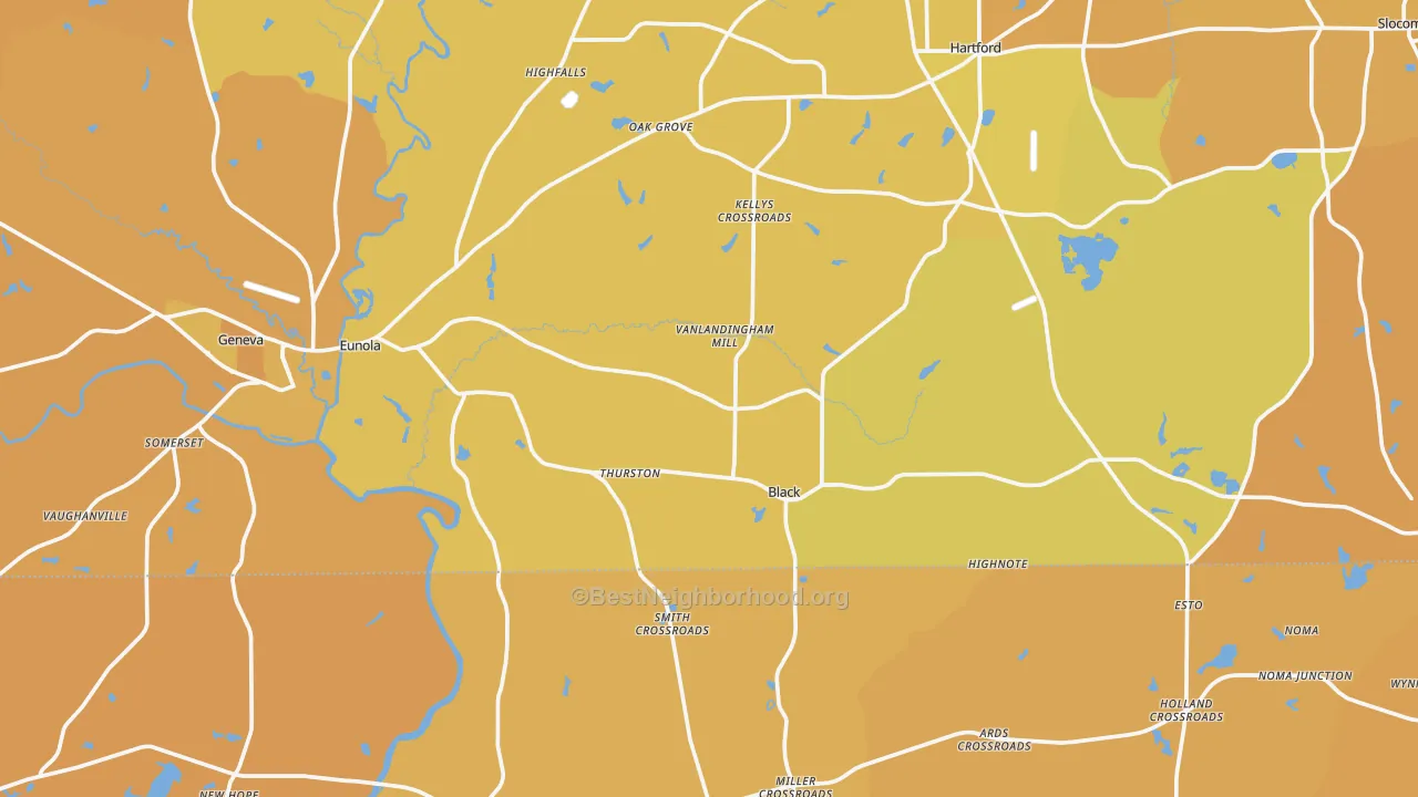 Map of the best neighborhoods in the Black area, with better matches in green and worse matches in red