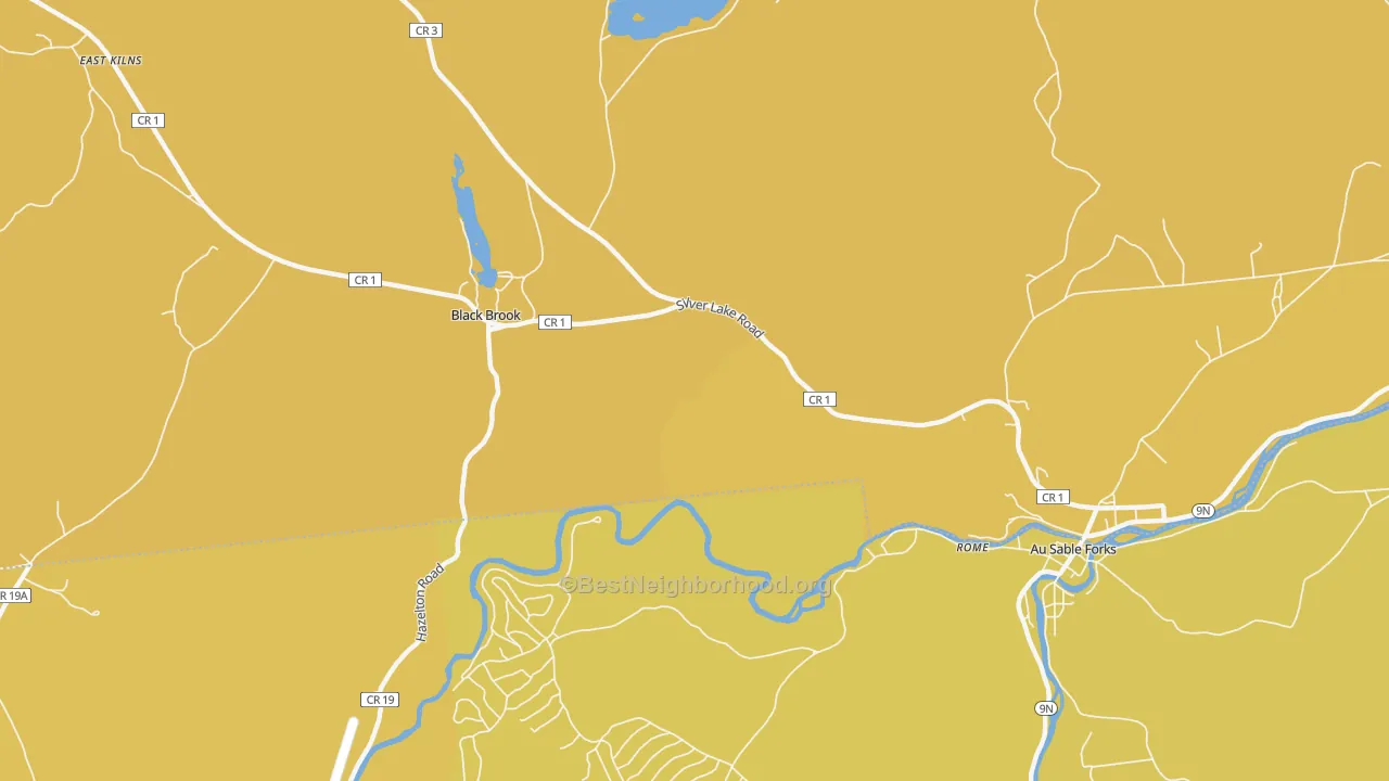 Map of the best neighborhoods in the Black Brook area, with better matches in green and worse matches in red