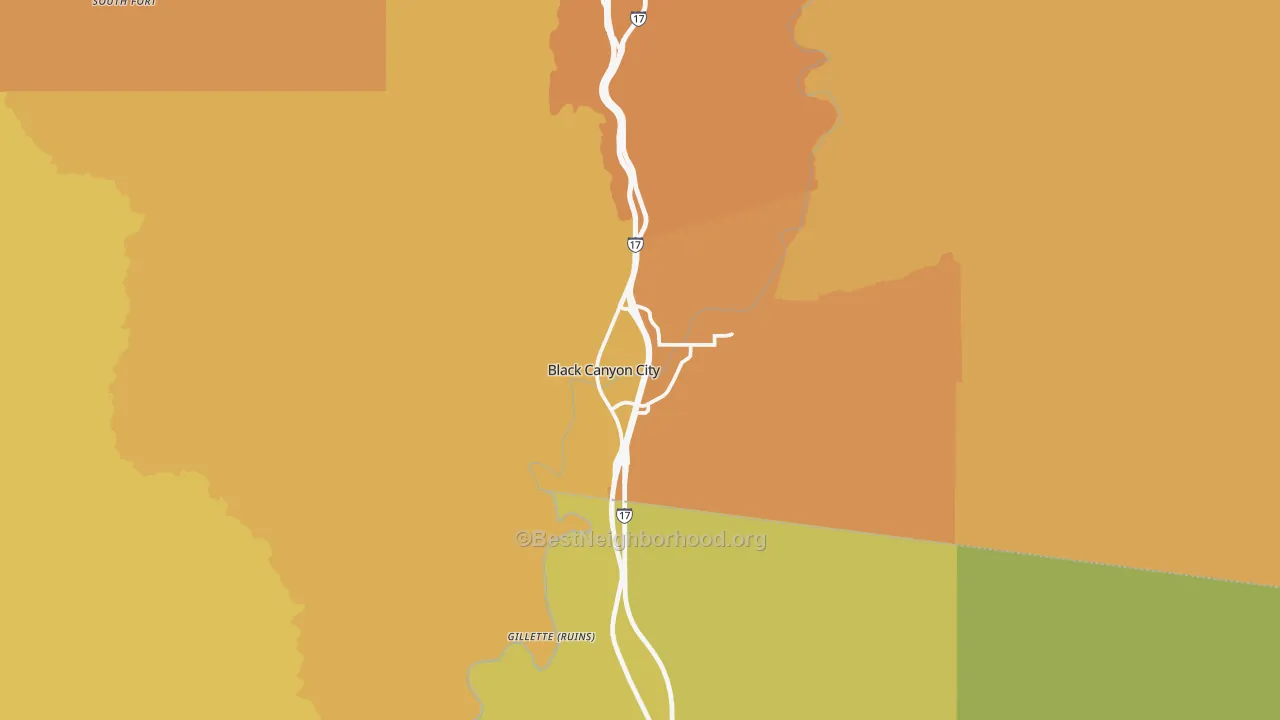 Map of the best neighborhoods in the Black Canyon City area, with better matches in green and worse matches in red