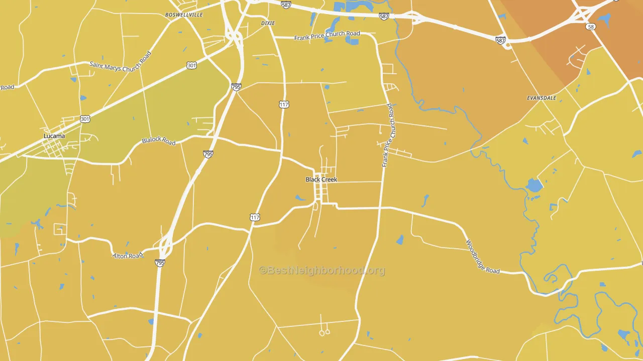 Map of the best neighborhoods in the Black Creek area, with better matches in green and worse matches in red
