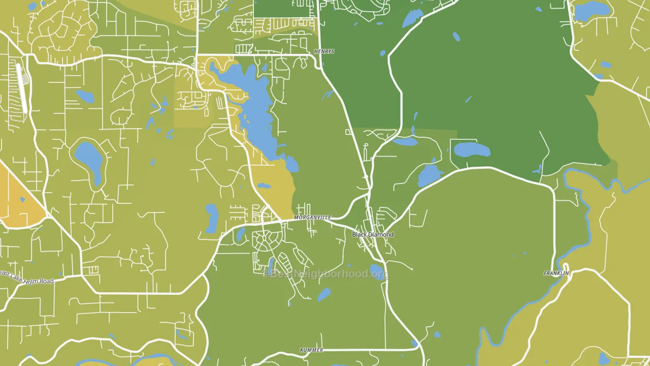 Map of the best neighborhoods in the Black Diamond area, with better matches in green and worse matches in red