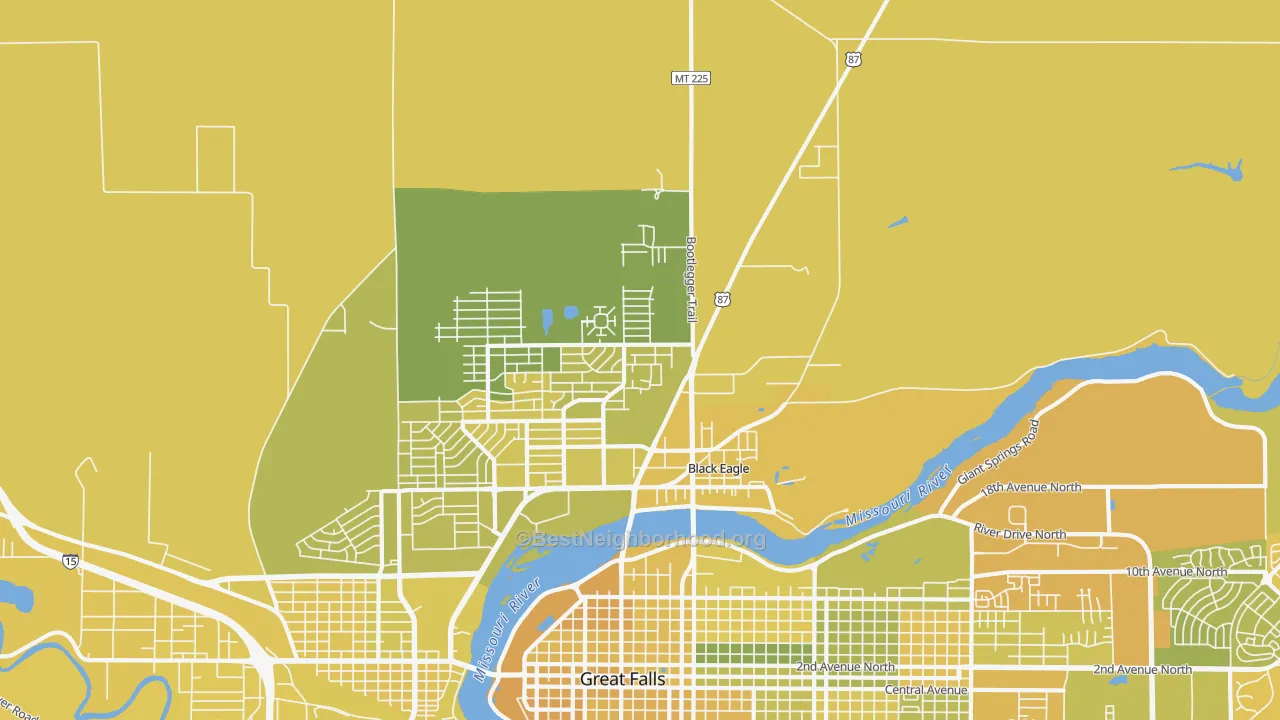 Map of the best neighborhoods in the Black Eagle area, with better matches in green and worse matches in red
