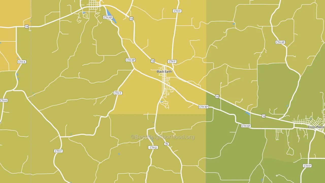 Map of the best neighborhoods in the Black Earth area, with better matches in green and worse matches in red
