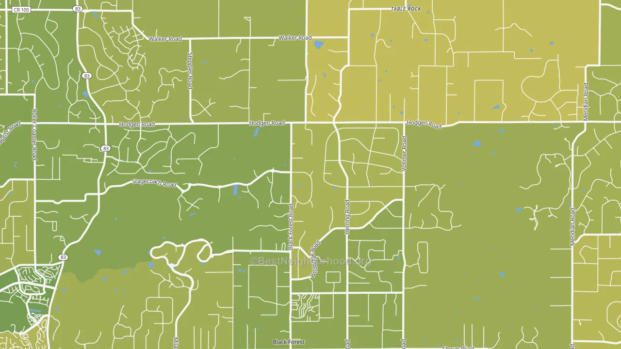 Map of the best neighborhoods in the Black Forest area, with better matches in green and worse matches in red
