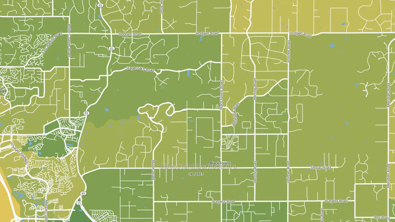 Map of the best neighborhoods in the Black Forest, Colorado Springs area, with better matches in green and worse matches in red
