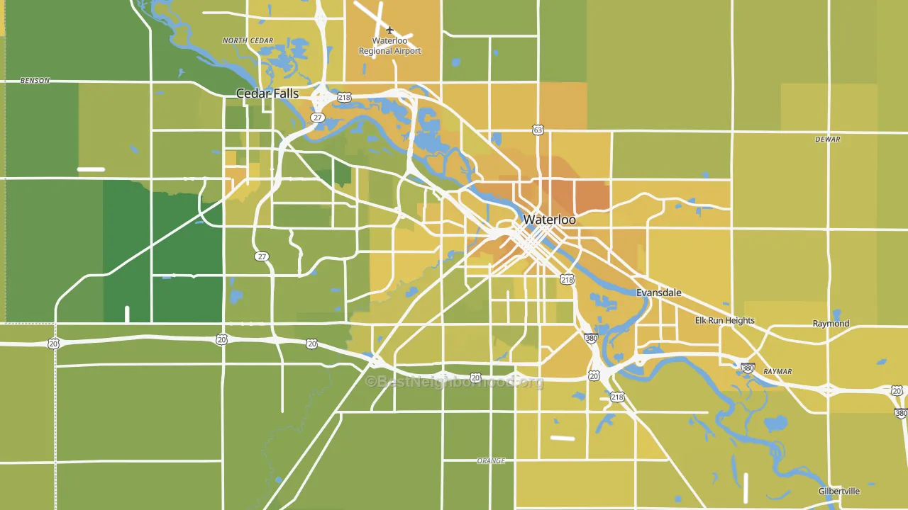 Map of the best neighborhoods in the Black Hawk County area, with better matches in green and worse matches in red