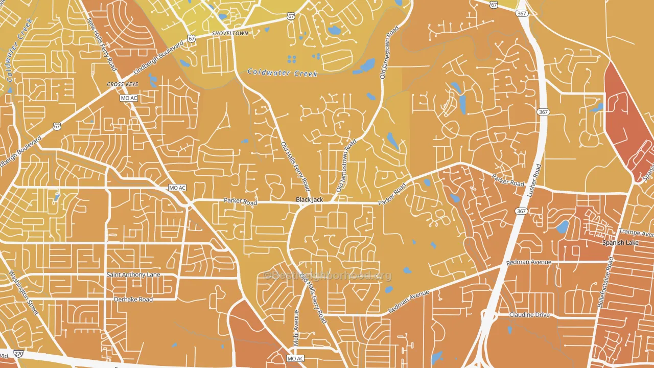 Map of the best neighborhoods in the Black Jack area, with better matches in green and worse matches in red