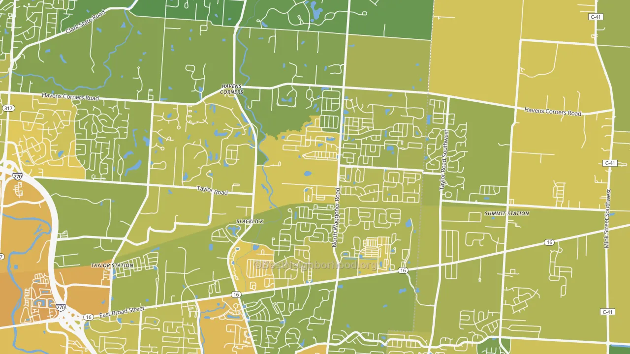 Map of the best neighborhoods in the Black Lick area, with better matches in green and worse matches in red