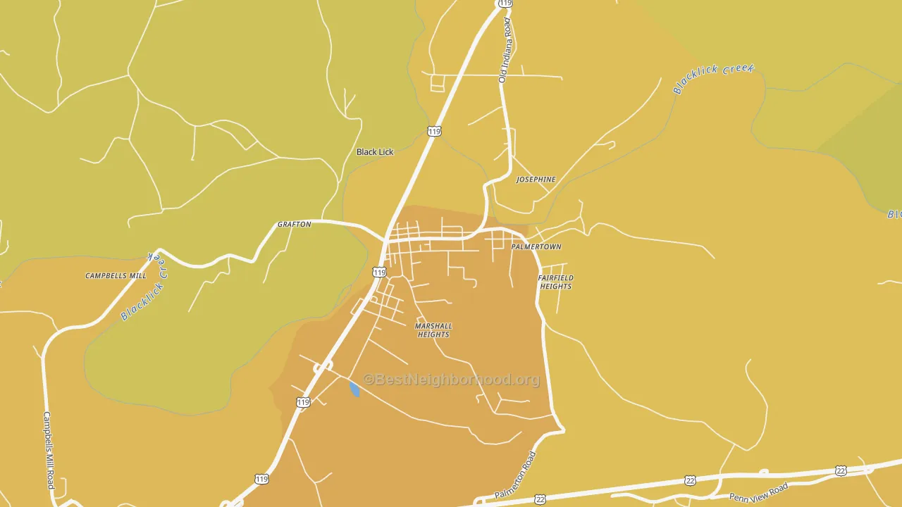 Map of the best neighborhoods in the Black Lick area, with better matches in green and worse matches in red