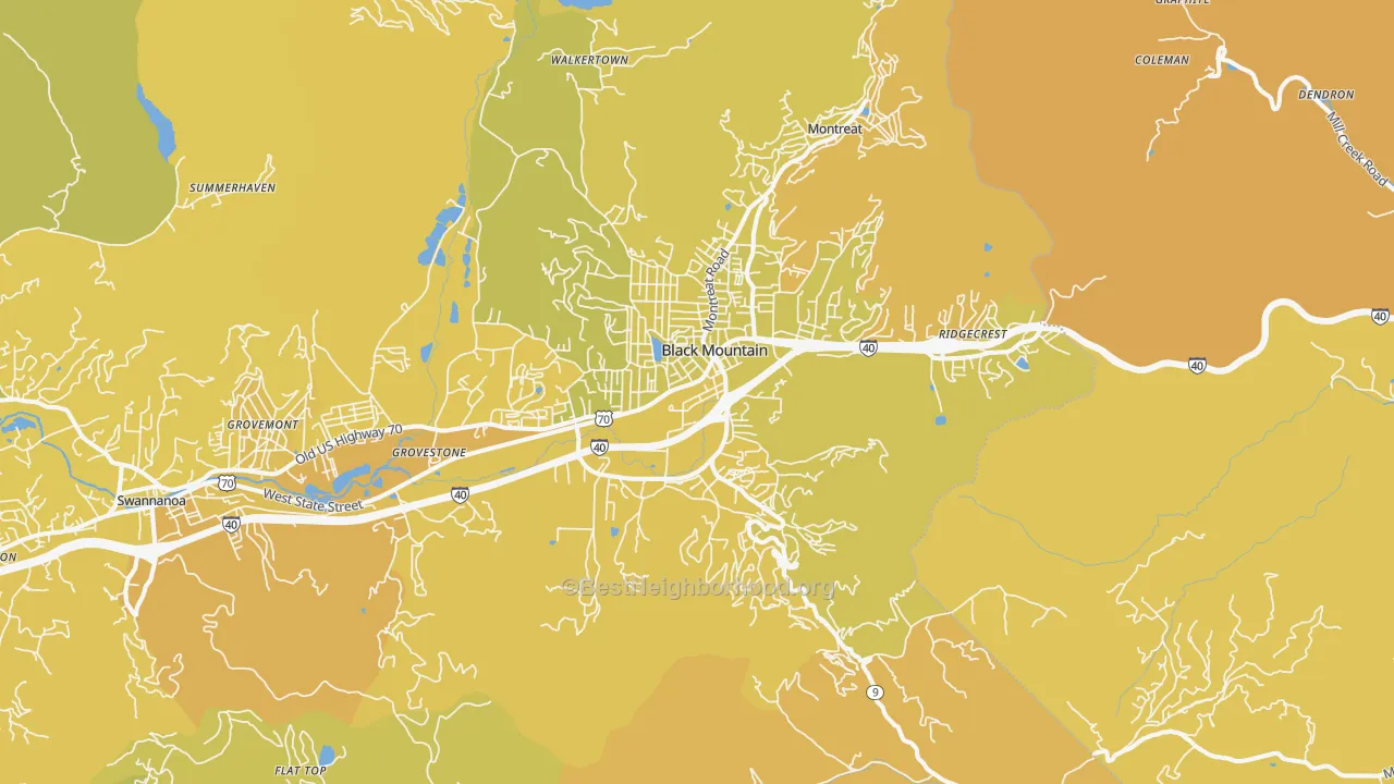 Map of the best neighborhoods in the Black Mountain area, with better matches in green and worse matches in red
