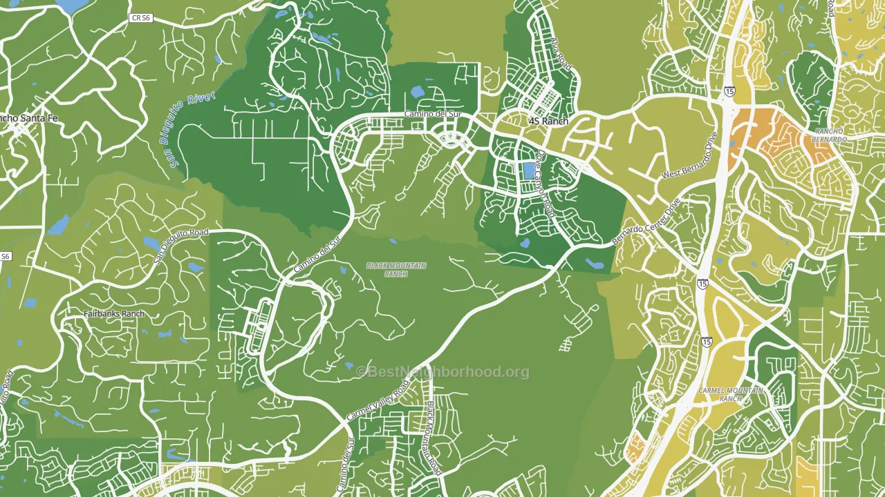 Map of the best neighborhoods in the Black Mountain Ranch, San Diego area, with better matches in green and worse matches in red