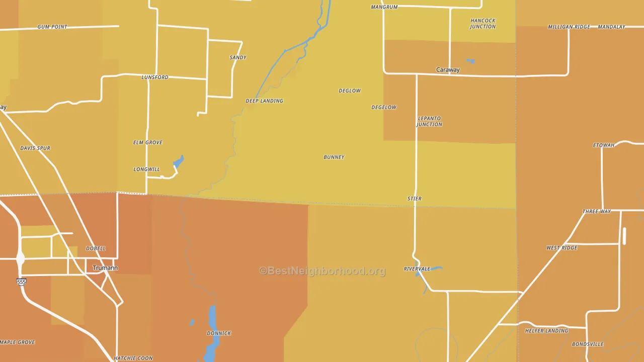 Map of the best neighborhoods in the Black Oak area, with better matches in green and worse matches in red