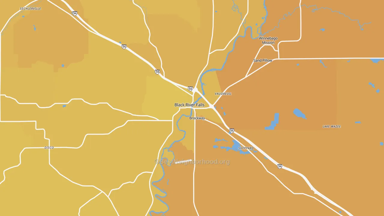 Map of the best neighborhoods in the Black River Falls area, with better matches in green and worse matches in red