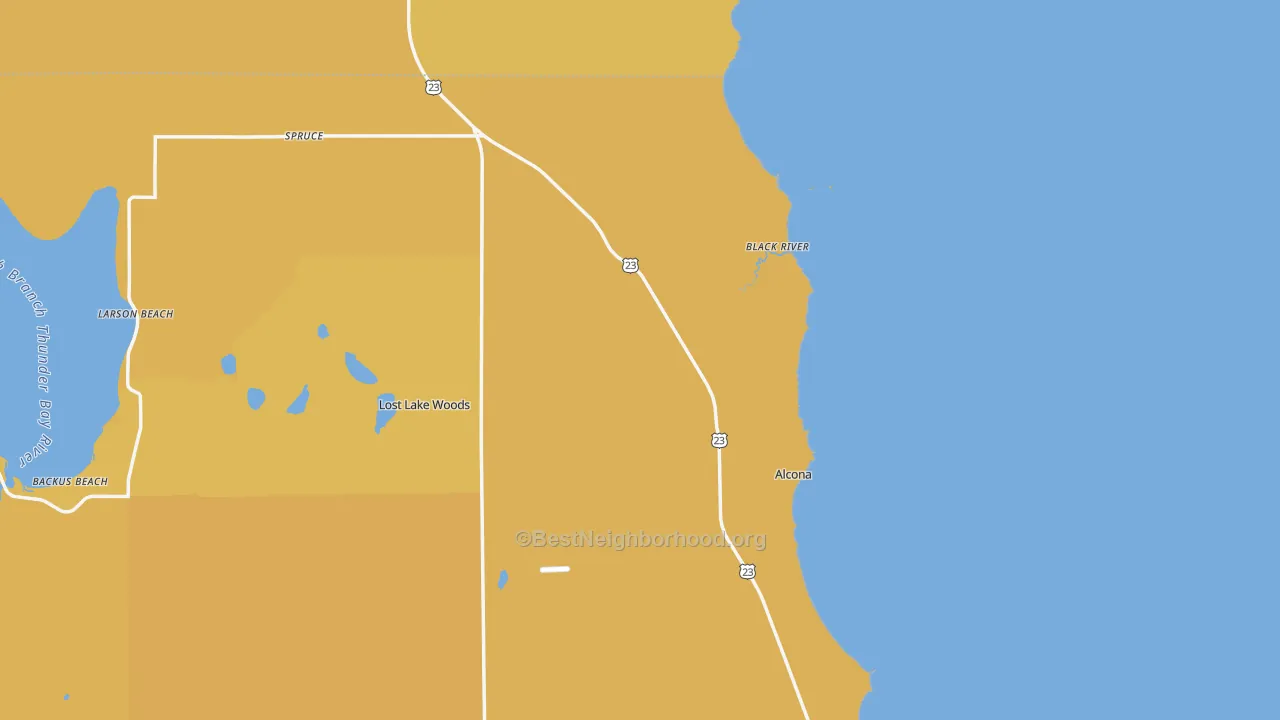 Map of the best neighborhoods in the Black River area, with better matches in green and worse matches in red