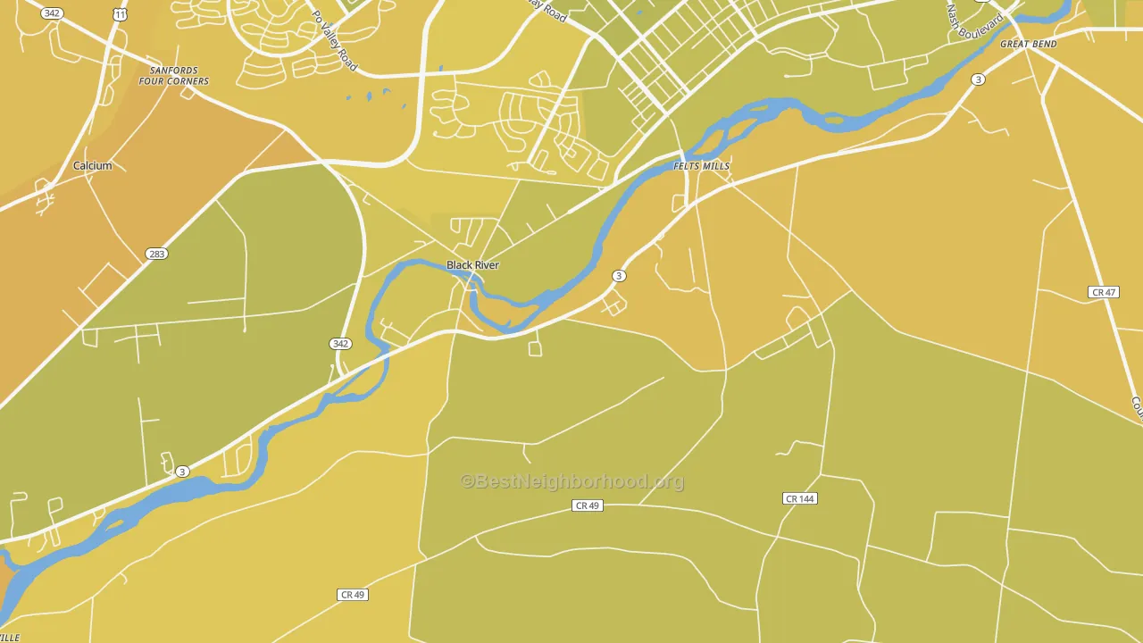 Map of the best neighborhoods in the Black River area, with better matches in green and worse matches in red