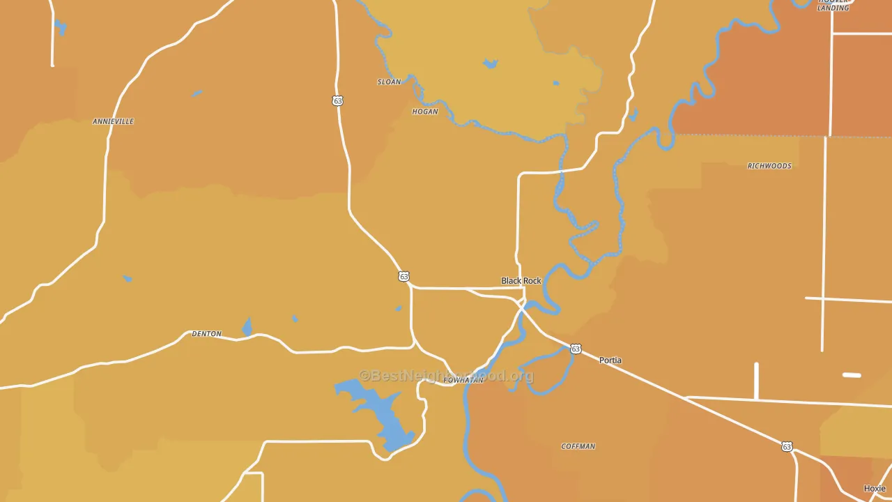 Map of the best neighborhoods in the Black Rock area, with better matches in green and worse matches in red