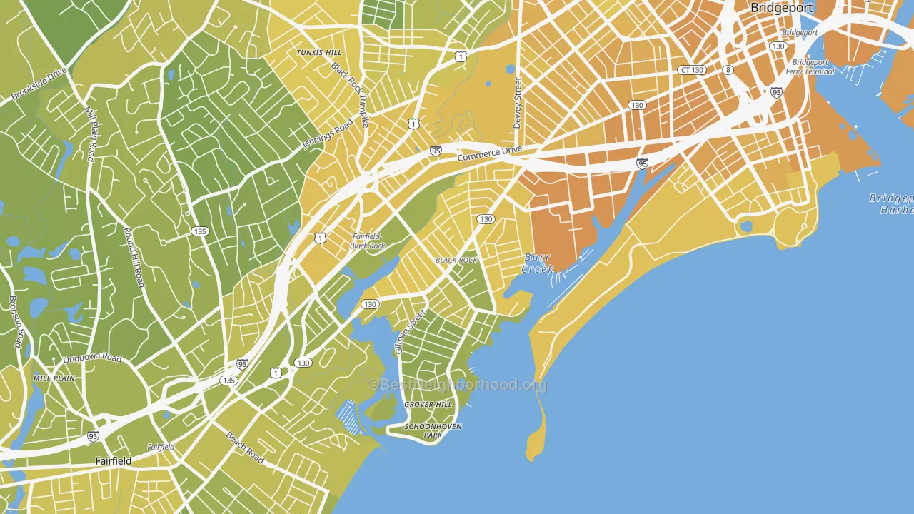 Map of the best neighborhoods in the Black Rock, Bridgeport area, with better matches in green and worse matches in red