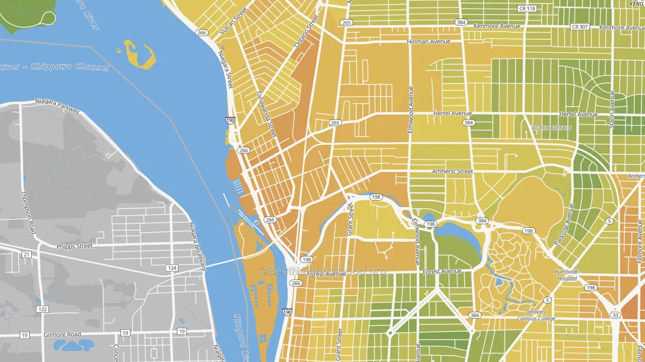 Map of the best neighborhoods in the Black Rock, Buffalo area, with better matches in green and worse matches in red