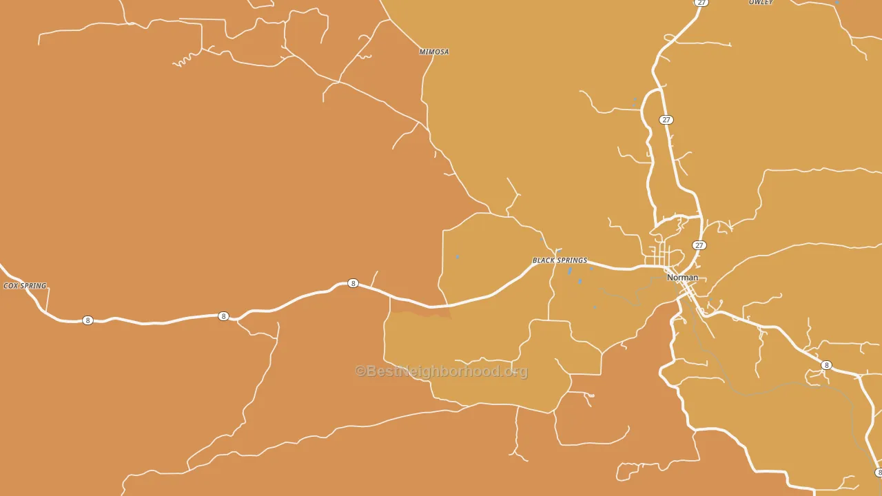Map of the best neighborhoods in the Black Springs area, with better matches in green and worse matches in red