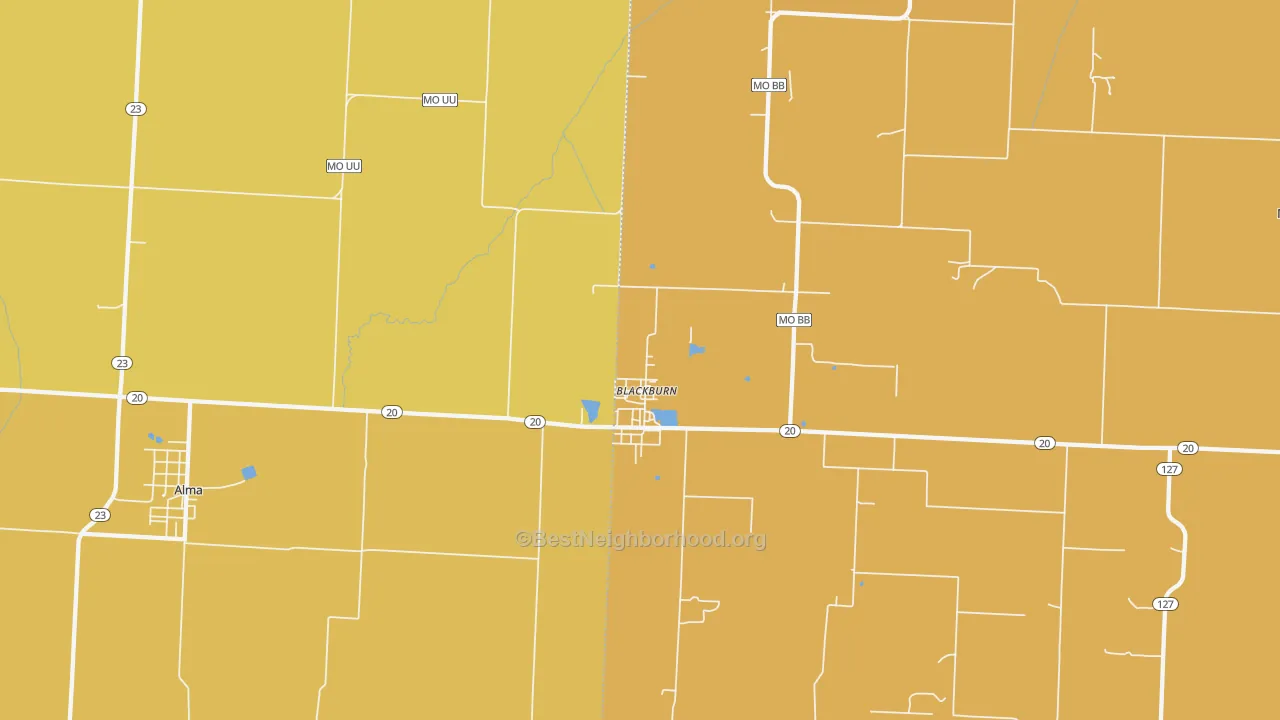 Map of the best neighborhoods in the Blackburn area, with better matches in green and worse matches in red