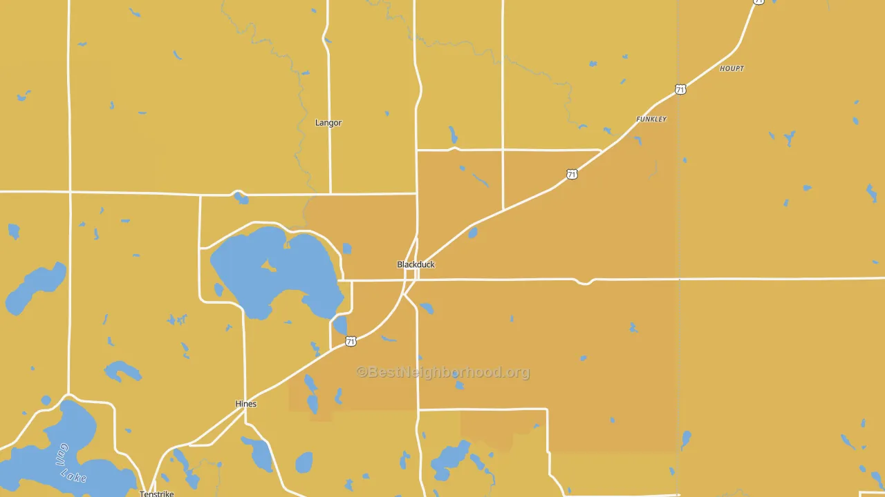 Map of the best neighborhoods in the Blackduck area, with better matches in green and worse matches in red