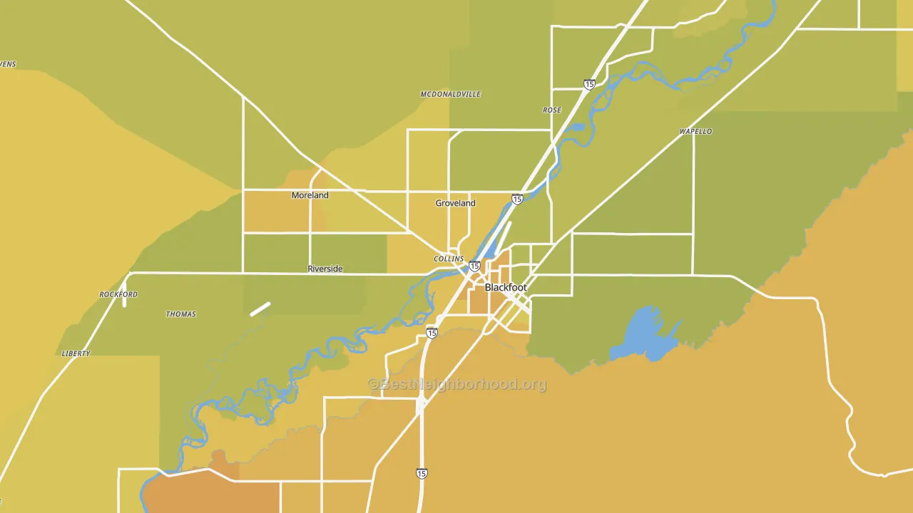 Map of the best neighborhoods in the Blackfoot area, with better matches in green and worse matches in red