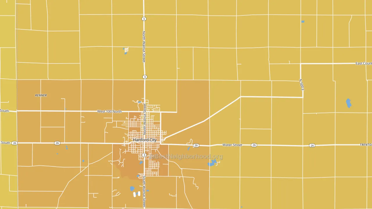 Map of the best neighborhoods in the Blackford County area, with better matches in green and worse matches in red