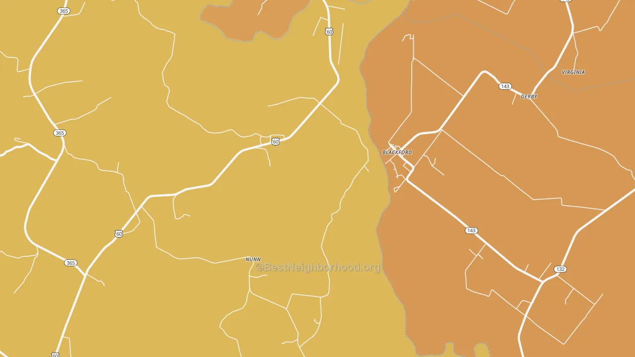 Map of the best neighborhoods in the Blackford area, with better matches in green and worse matches in red