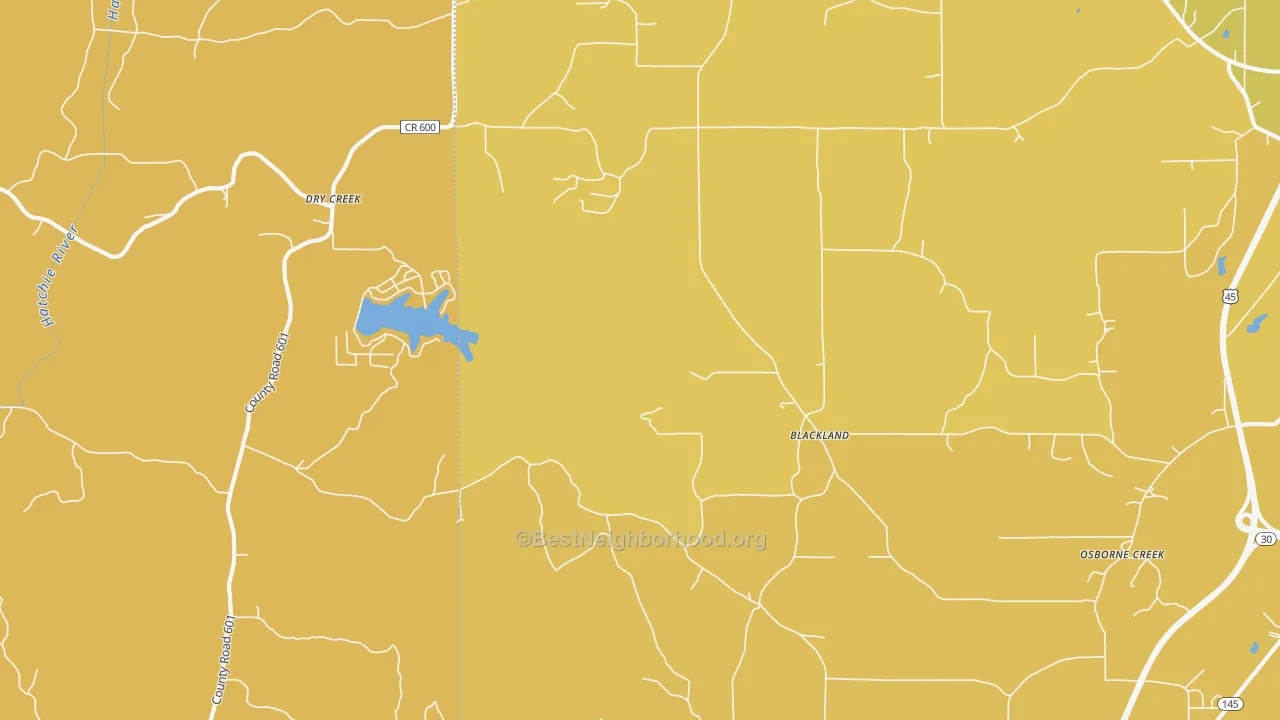 Map of the best neighborhoods in the Blackland area, with better matches in green and worse matches in red