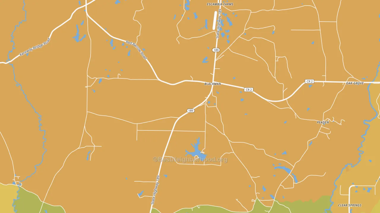 Map of the best neighborhoods in the Blackman area, with better matches in green and worse matches in red