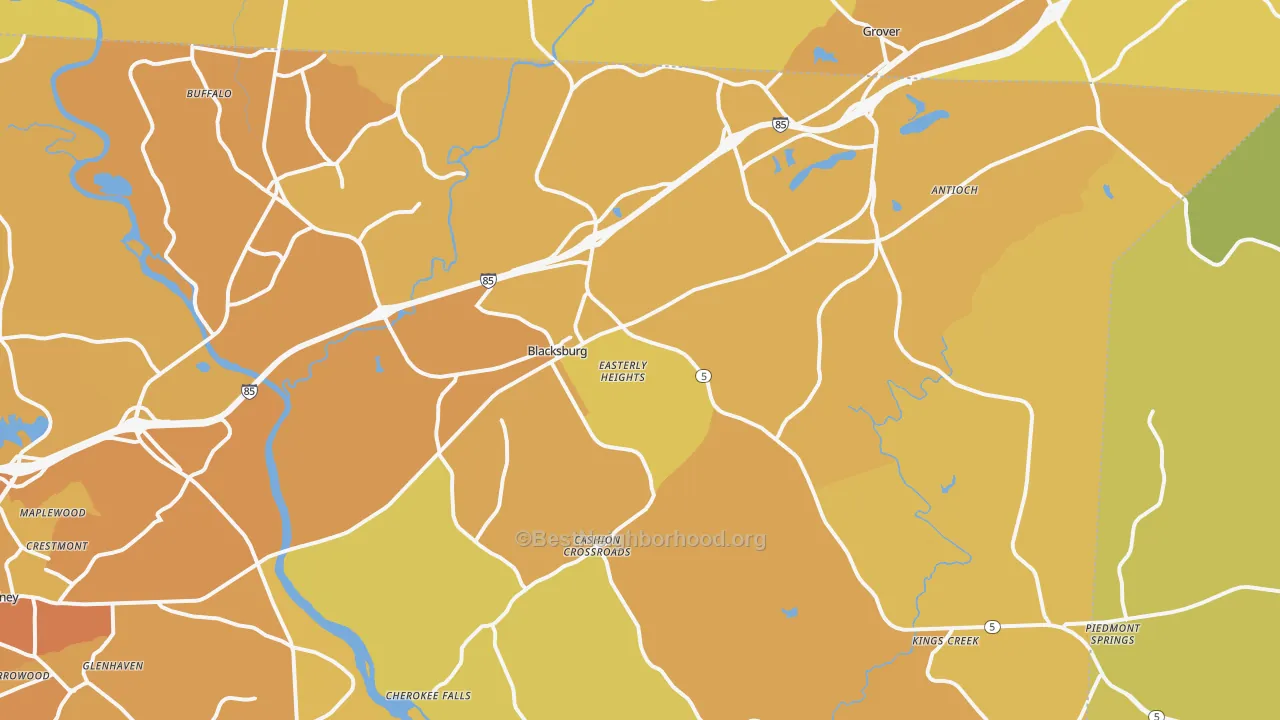 Map of the best neighborhoods in the Blacksburg area, with better matches in green and worse matches in red